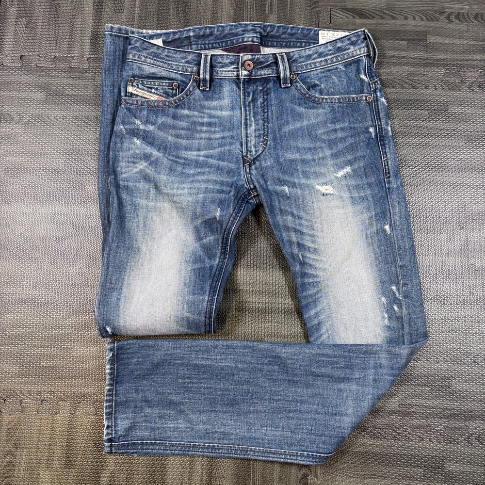 Diesel Jeans Mens 32x33 Blue Thavar Slim Skinny Distressed Denim Faded Y2K